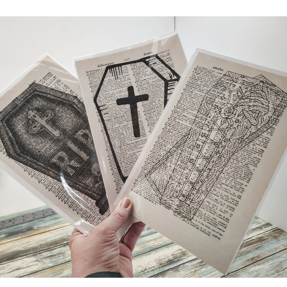 Macabre Coffin Illustrations Vtg Dictionary Page Decor Gothic Wall Art Halloween